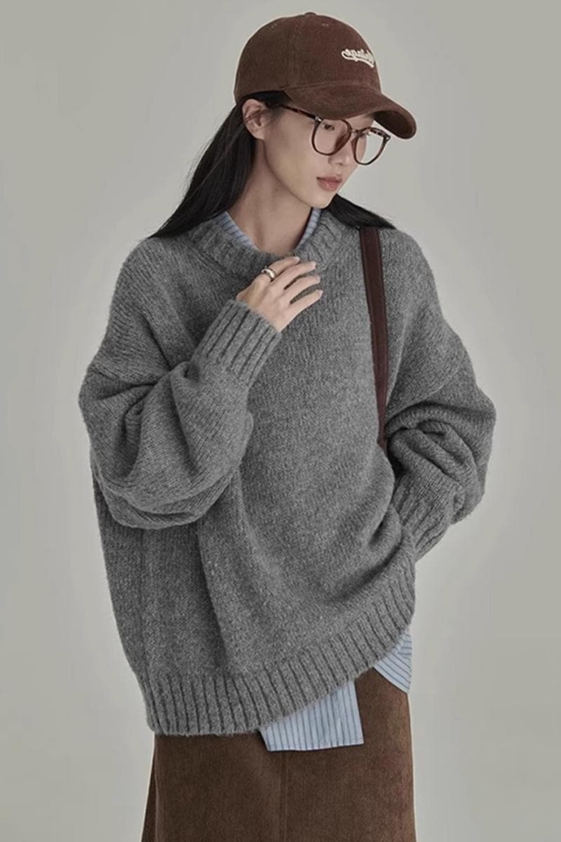 일본식 레트로 회색 스웨터 여자 겨울 라운드 넥 루즈핏 느긋한 바람 외출용 인사이드 가져 가라. 만나는 니트 스웨터 두꺼움 맨위 이미지 3