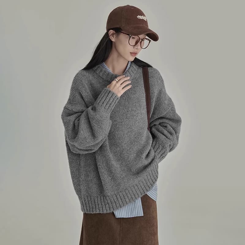 일본식 레트로 회색 스웨터 여자 겨울 라운드 넥 루즈핏 느긋한 바람 외출용 인사이드 가져 가라. 만나는 니트 스웨터 두꺼움 맨위