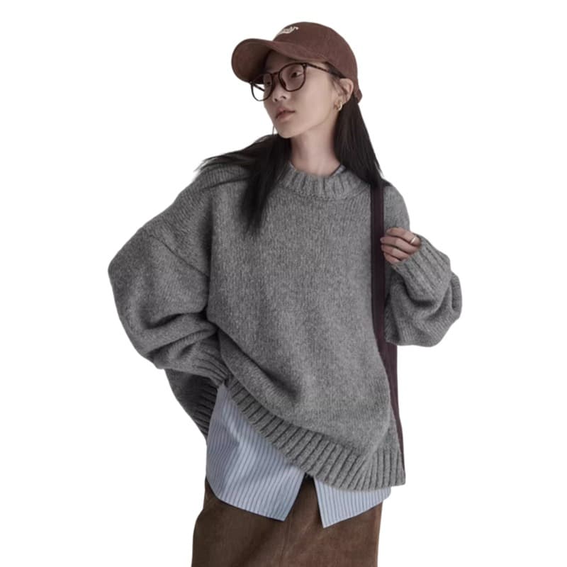 일본식 레트로 회색 스웨터 여자 겨울 라운드 넥 루즈핏 느긋한 바람 외출용 인사이드 가져 가라. 만나는 니트 스웨터 두꺼움 맨위 이미지 5
