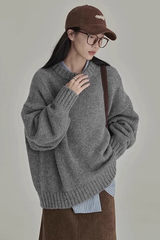 일본식 레트로 회색 스웨터 여자 겨울 라운드 넥 루즈핏 느긋한 바람 외출용 인사이드 가져 가라. 만나는 니트 스웨터 두꺼움 맨위 이미지 6