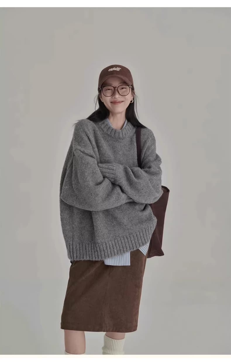 일본식 레트로 회색 스웨터 여자 겨울 라운드 넥 루즈핏 느긋한 바람 외출용 인사이드 가져 가라. 만나는 니트 스웨터 두꺼움 맨위 상세 이미지 2
