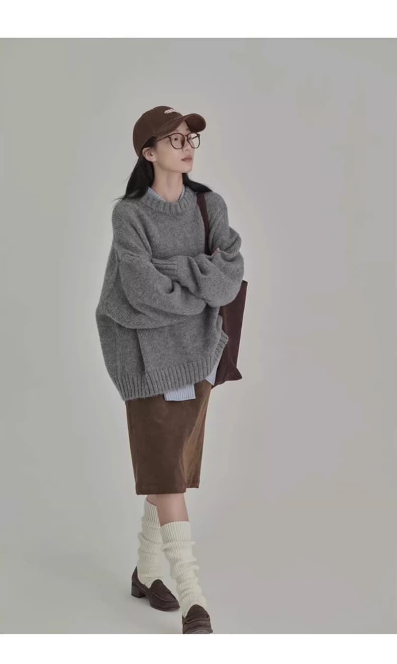일본식 레트로 회색 스웨터 여자 겨울 라운드 넥 루즈핏 느긋한 바람 외출용 인사이드 가져 가라. 만나는 니트 스웨터 두꺼움 맨위 상세 이미지 3