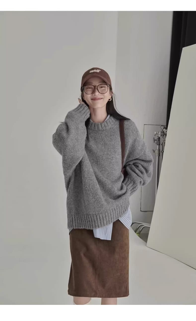 일본식 레트로 회색 스웨터 여자 겨울 라운드 넥 루즈핏 느긋한 바람 외출용 인사이드 가져 가라. 만나는 니트 스웨터 두꺼움 맨위 상세 이미지 6