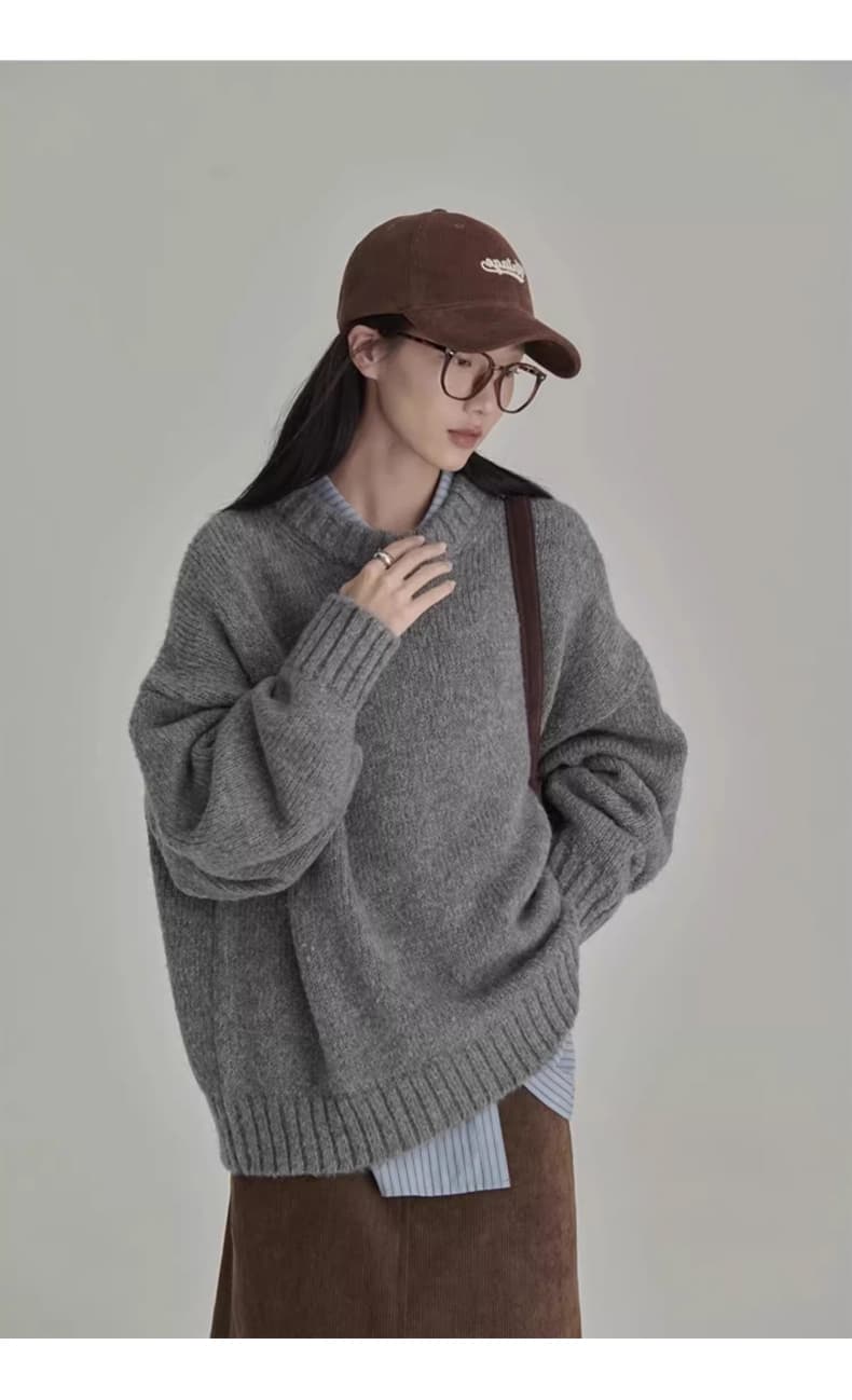 일본식 레트로 회색 스웨터 여자 겨울 라운드 넥 루즈핏 느긋한 바람 외출용 인사이드 가져 가라. 만나는 니트 스웨터 두꺼움 맨위 상세 이미지 7