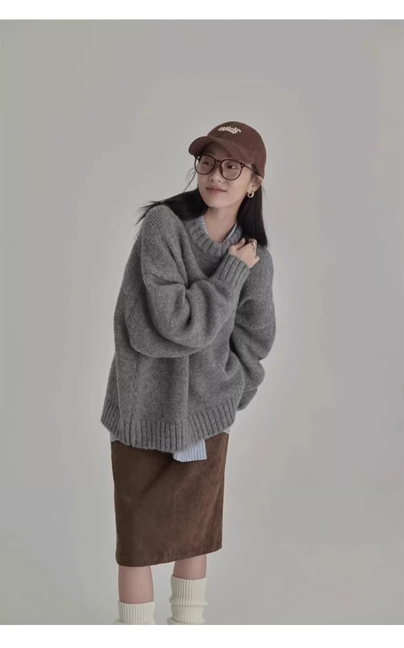 일본식 레트로 회색 스웨터 여자 겨울 라운드 넥 루즈핏 느긋한 바람 외출용 인사이드 가져 가라. 만나는 니트 스웨터 두꺼움 맨위 상세 이미지 8