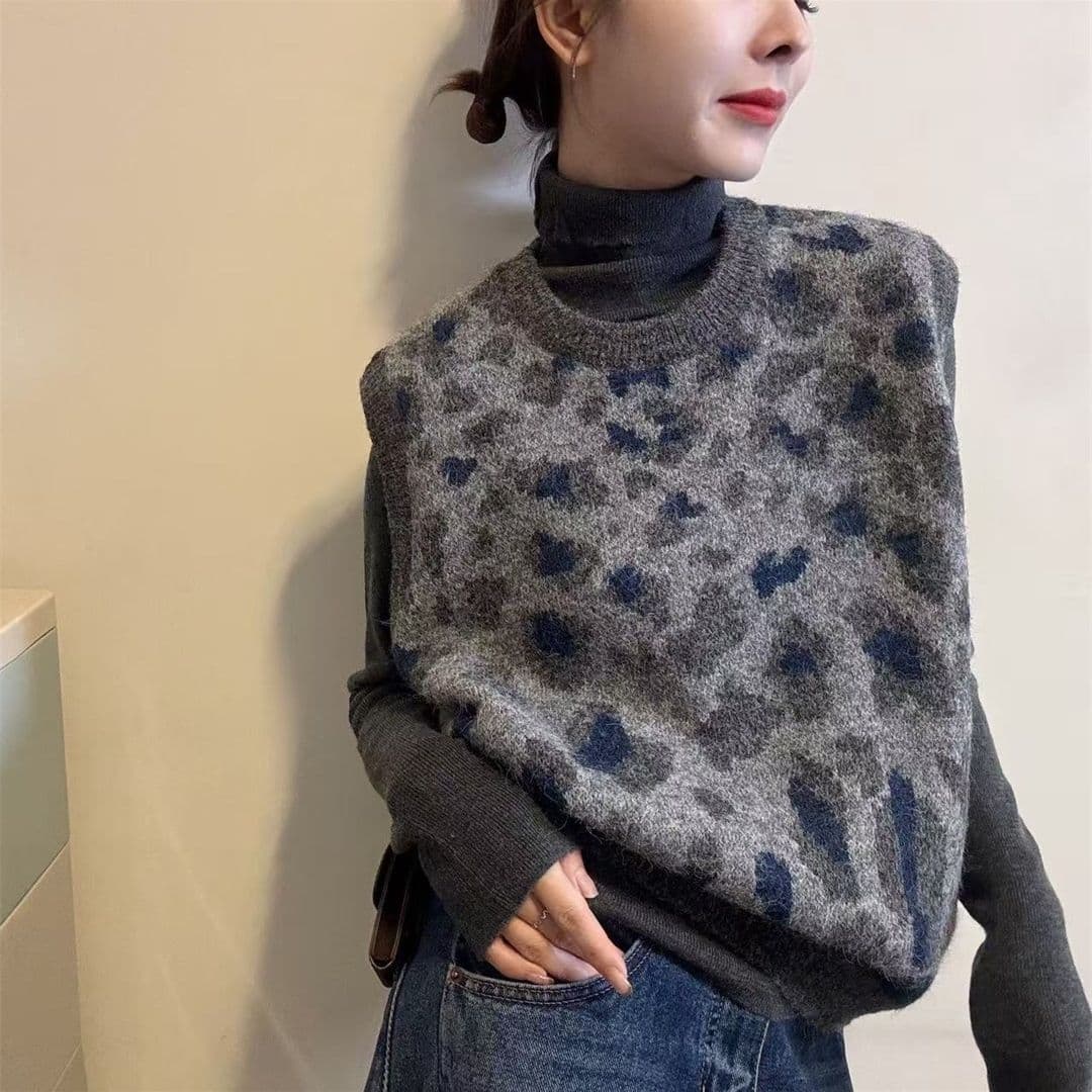 가을 겨울 의류 새로운 회색 레오파드 무늬 니트 베스트 조끼 여성 민소매 스웨터 어깨 외국 가스 스택 착용 맨위 이미지 3