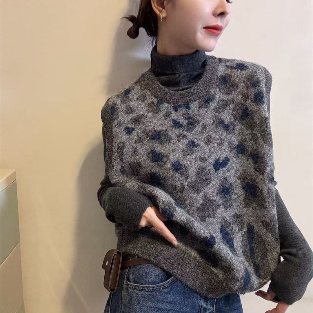 가을 겨울 의류 새로운 회색 레오파드 무늬 니트 베스트 조끼 여성 민소매 스웨터 어깨 외국 가스 스택 착용 맨위 상세 이미지 12