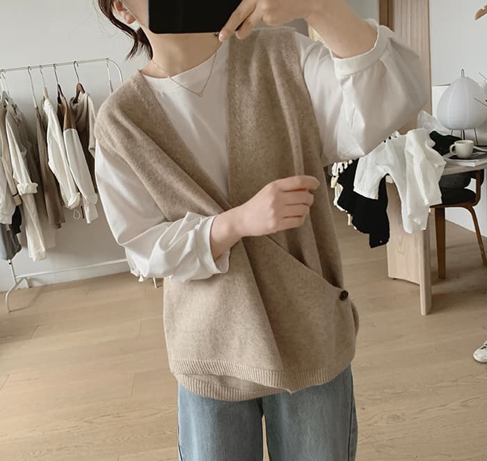 가을 겨울 의류 한 부서 불규칙 니트 스웨터 조끼 루즈핏 슬림해 보이는 미니멀리즘 V넥 민소매 연령 감소 한국 스타일 조끼 상세 이미지 2
