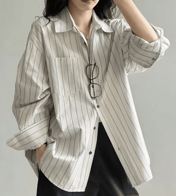 가을 의상 새로운 스트라이프 긴팔 셔츠 여성 레저 BF 바람 루즈핏 슬림해 보이는 도루 센스 고급 센스 맨위 이미지 2