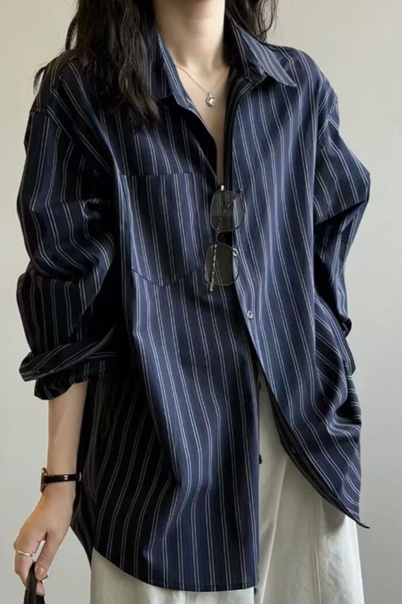 가을 의상 새로운 스트라이프 긴팔 셔츠 여성 레저 BF 바람 루즈핏 슬림해 보이는 도루 센스 고급 센스 맨위 이미지 6