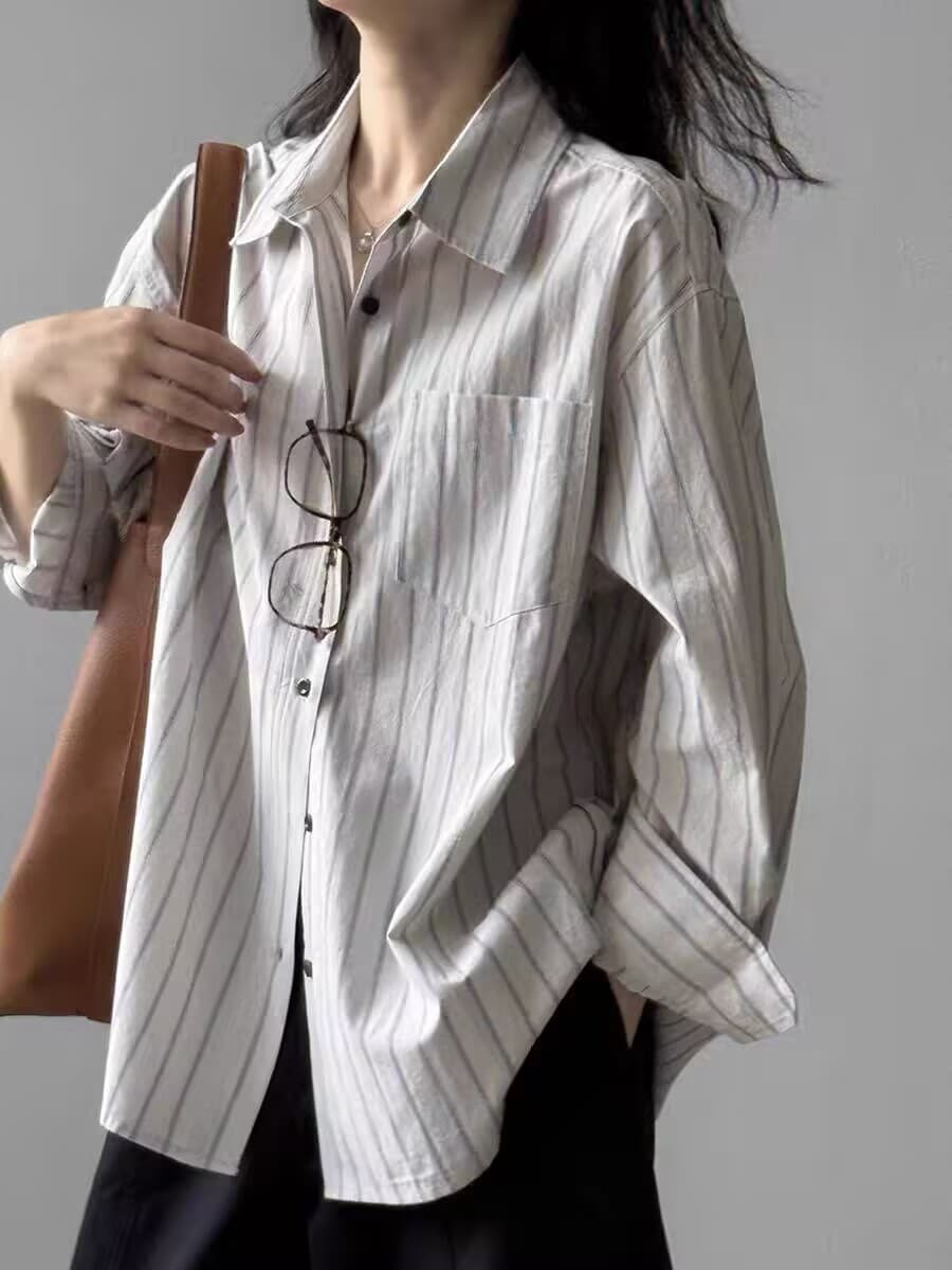 가을 의상 새로운 스트라이프 긴팔 셔츠 여성 레저 BF 바람 루즈핏 슬림해 보이는 도루 센스 고급 센스 맨위 상세 이미지 7