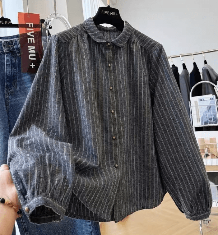 가을 의상 새로운 한 부서 고급 센스 품격 작은 폴로 칼라 스트라이프 긴팔 여성 셔츠 가을 착용 잡아라. 의류
