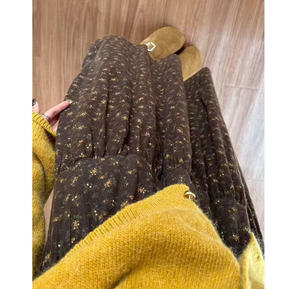 가을 겨울 의류 레트로 꽃무늬 꽃무늬 반신 스커트 여성 플리스 센스 대 치마 중간 길이 스커트 이미지 5