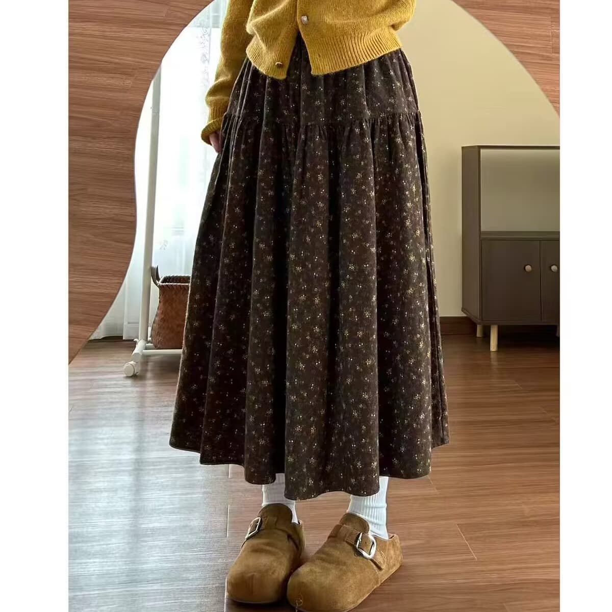가을 겨울 의류 레트로 꽃무늬 꽃무늬 반신 스커트 여성 플리스 센스 대 치마 중간 길이 스커트 이미지 4