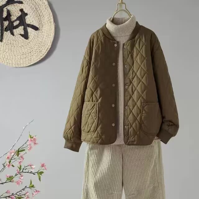 겨울 의류 새로운 레트로 라운드 넥 루즈핏 솜을 넣은 보온 면 옷 여성 의류 캐주얼 루즈핏 싱글 줄 버튼 슬림해 보이는 짧은 외투 이미지 2