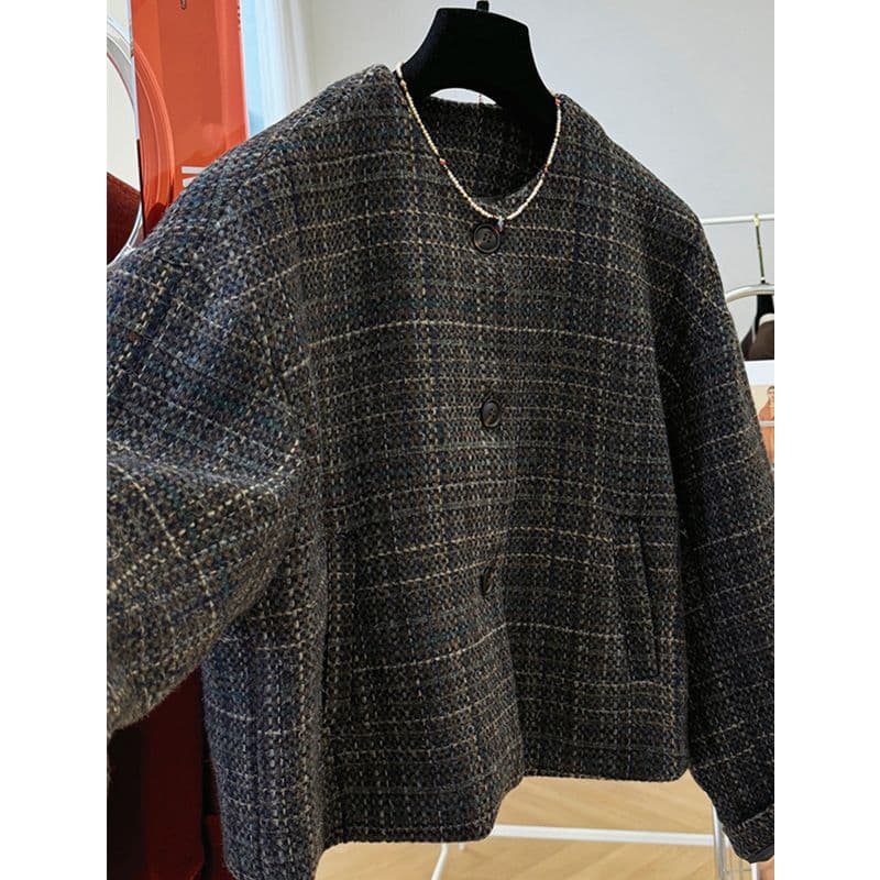 가을 겨울 의류 새로운 한 부서 트위드 쇼트 스타일 라운드 넥 모직 외투 슈퍼 잘 생긴 작은 키 모직 코트 재킷 이미지 2