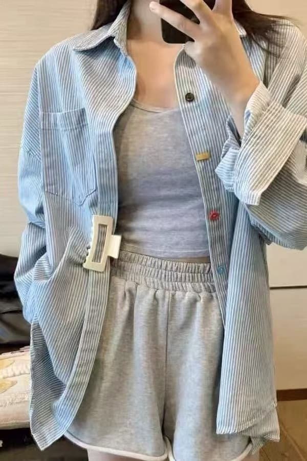 가을 의상 새로운 한국 스타일 느긋한 디자인 센스 프린트 긴팔 화이트 미니멀리즘 셔츠 루즈핏 다용도 자외선 차단 맨위 이미지 5