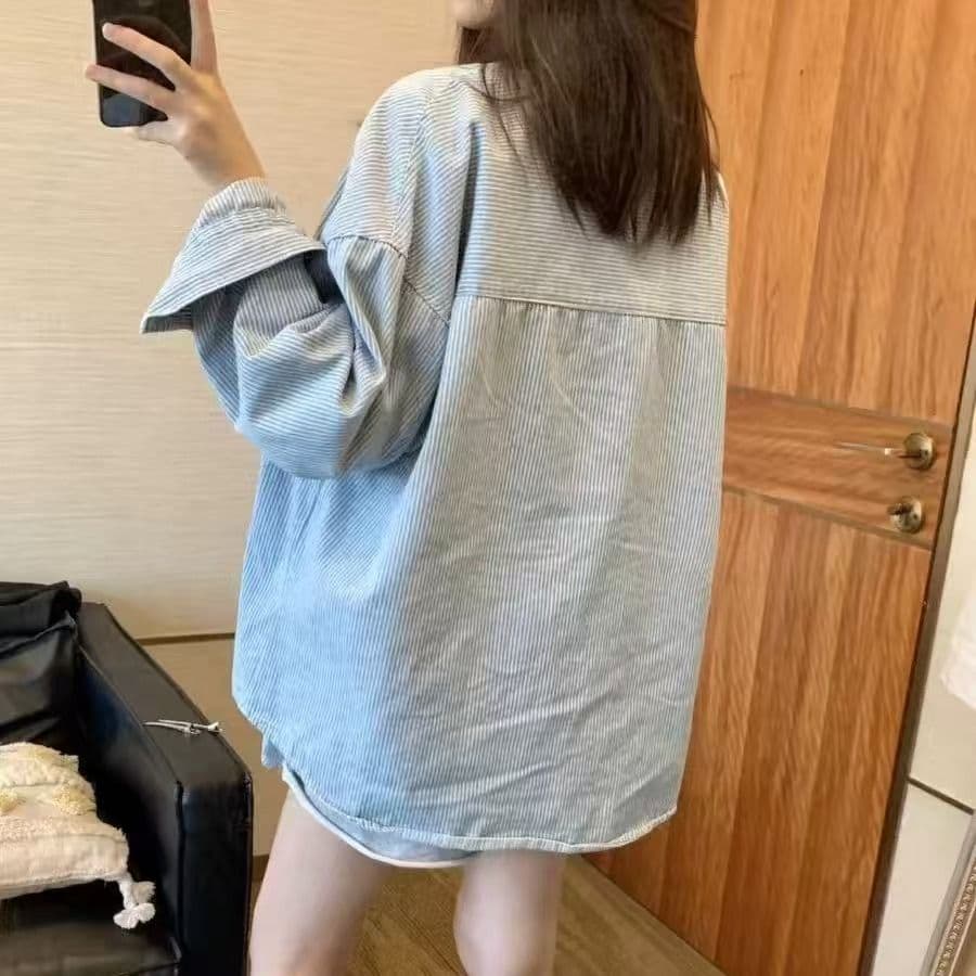 가을 의상 새로운 한국 스타일 느긋한 디자인 센스 프린트 긴팔 화이트 미니멀리즘 셔츠 루즈핏 다용도 자외선 차단 맨위 상세 이미지 6
