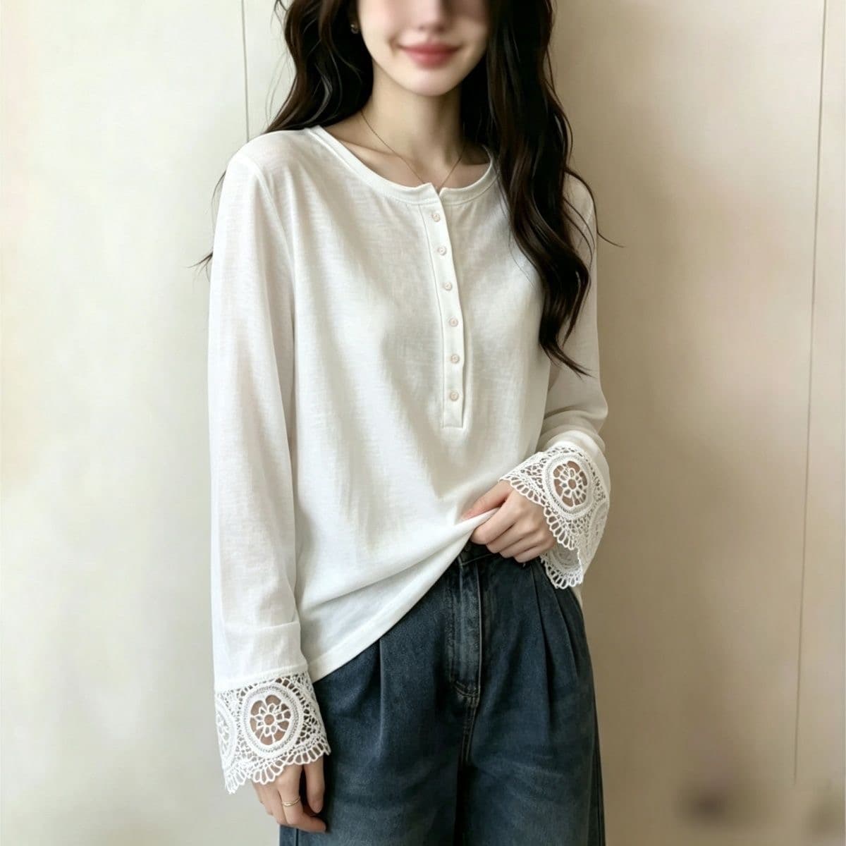 가을 의상 새로운 순면 빅 사이즈 긴팔 티셔츠 여성 한국 스타일 지방 mm 루즈핏 슬림해 보이는 레이스 조각 기본 셔츠 맨위 상세 이미지 4