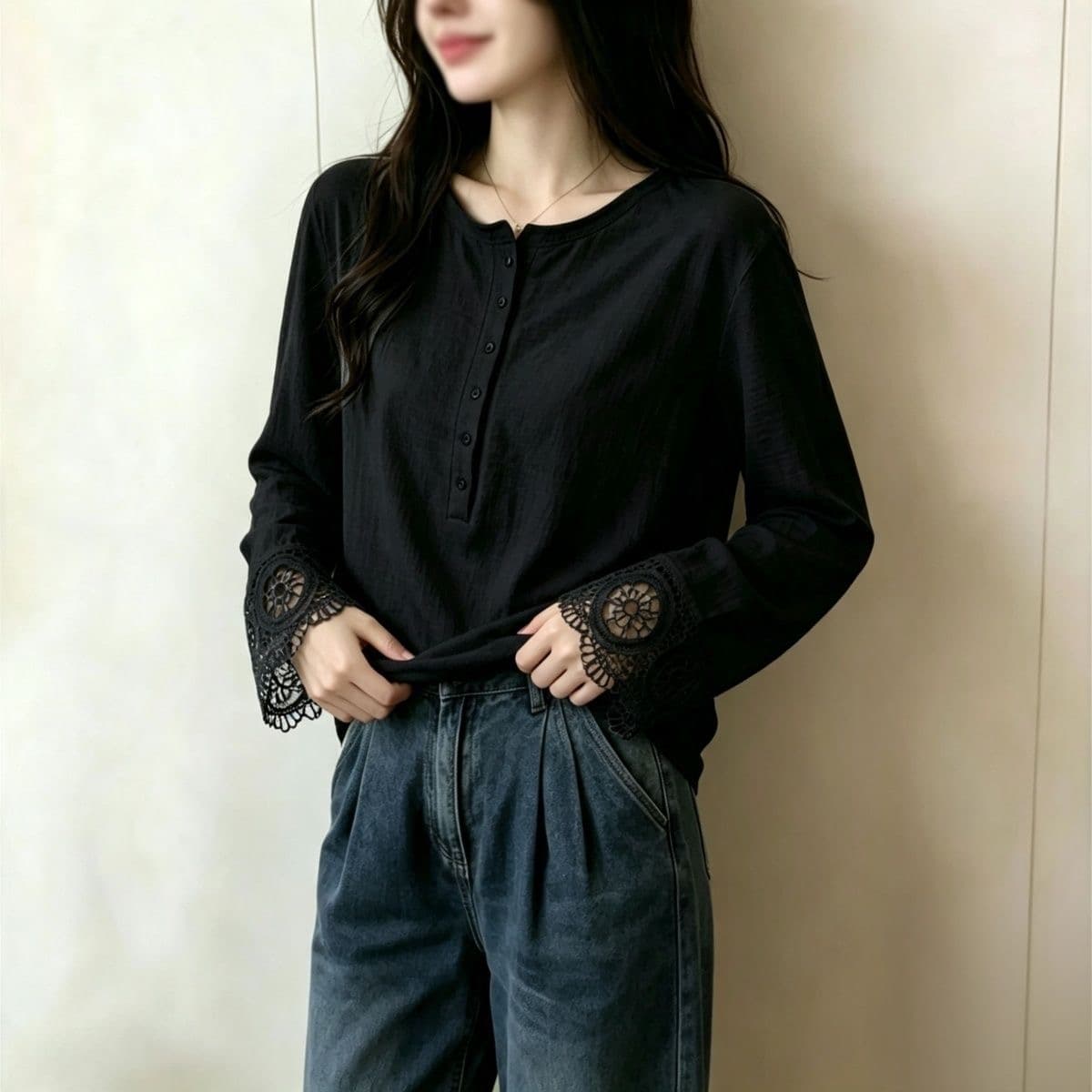 가을 의상 새로운 순면 빅 사이즈 긴팔 티셔츠 여성 한국 스타일 지방 mm 루즈핏 슬림해 보이는 레이스 조각 기본 셔츠 맨위 상세 이미지 5