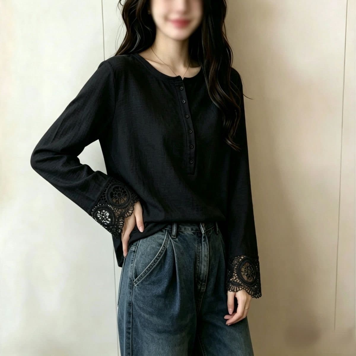 가을 의상 새로운 순면 빅 사이즈 긴팔 티셔츠 여성 한국 스타일 지방 mm 루즈핏 슬림해 보이는 레이스 조각 기본 셔츠 맨위 상세 이미지 6