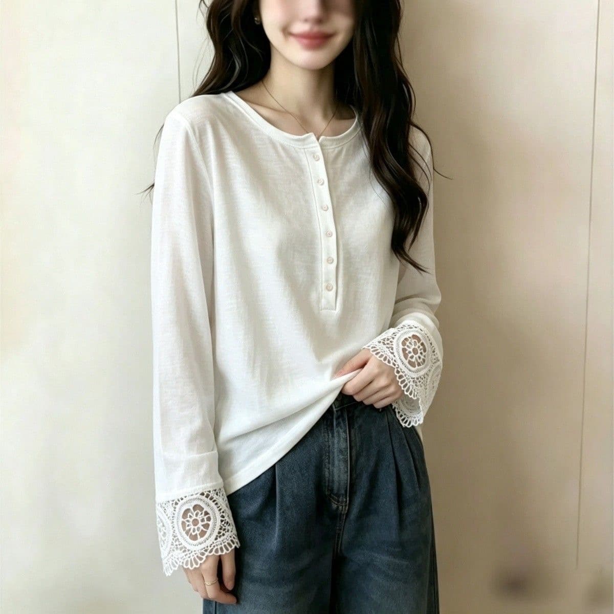 가을 의상 새로운 순면 빅 사이즈 긴팔 티셔츠 여성 한국 스타일 지방 mm 루즈핏 슬림해 보이는 레이스 조각 기본 셔츠 맨위 상세 이미지 10