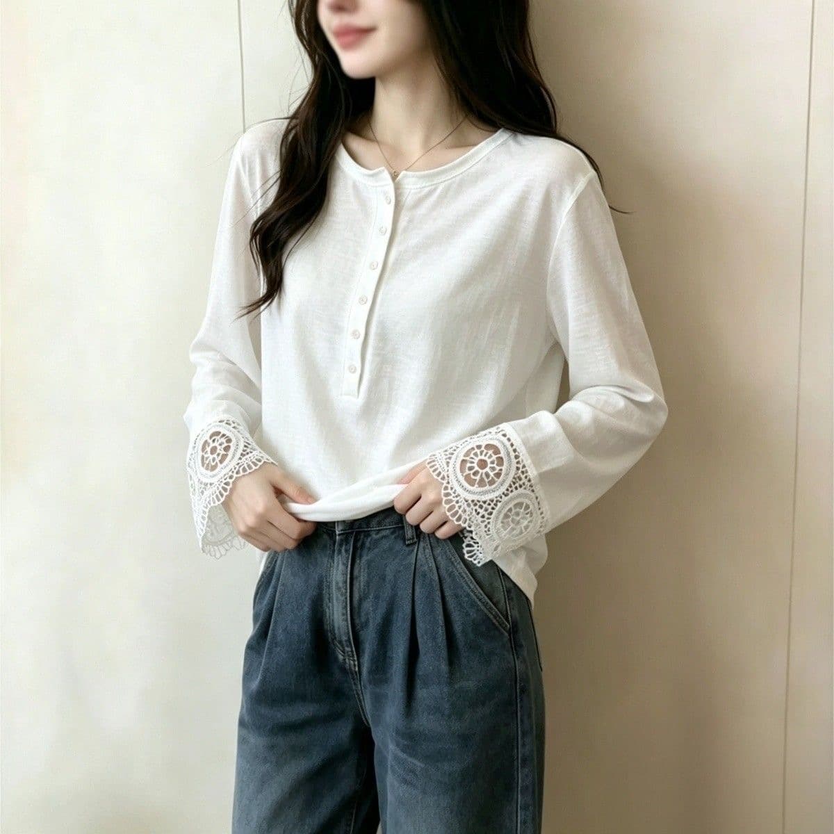 가을 의상 새로운 순면 빅 사이즈 긴팔 티셔츠 여성 한국 스타일 지방 mm 루즈핏 슬림해 보이는 레이스 조각 기본 셔츠 맨위 상세 이미지 11