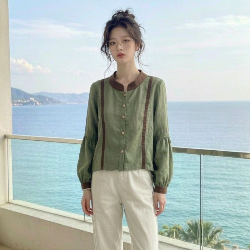 가을 의상 새로운 출퇴근 바람 녹색 벌룬 소매 여성 셔츠 배색 패치워크 품격 다용도 슈퍼 잘 생긴 맨위 이미지 3
