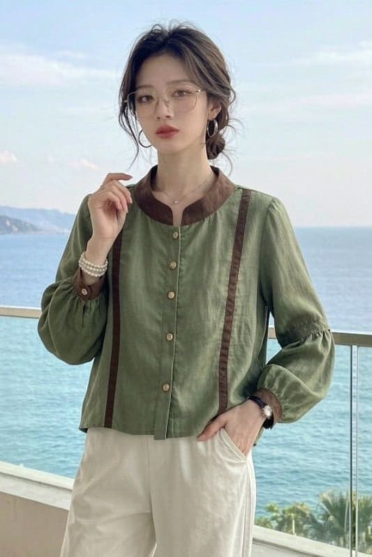 가을 의상 새로운 출퇴근 바람 녹색 벌룬 소매 여성 셔츠 배색 패치워크 품격 다용도 슈퍼 잘 생긴 맨위 이미지 6