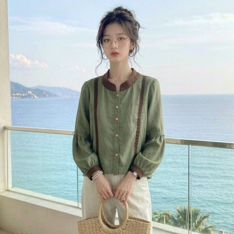 가을 의상 새로운 출퇴근 바람 녹색 벌룬 소매 여성 셔츠 배색 패치워크 품격 다용도 슈퍼 잘 생긴 맨위 상세 이미지 5