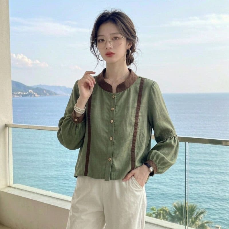 가을 의상 새로운 출퇴근 바람 녹색 벌룬 소매 여성 셔츠 배색 패치워크 품격 다용도 슈퍼 잘 생긴 맨위 상세 이미지 7