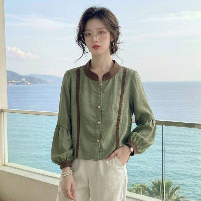 가을 의상 새로운 출퇴근 바람 녹색 벌룬 소매 여성 셔츠 배색 패치워크 품격 다용도 슈퍼 잘 생긴 맨위 상세 이미지 9