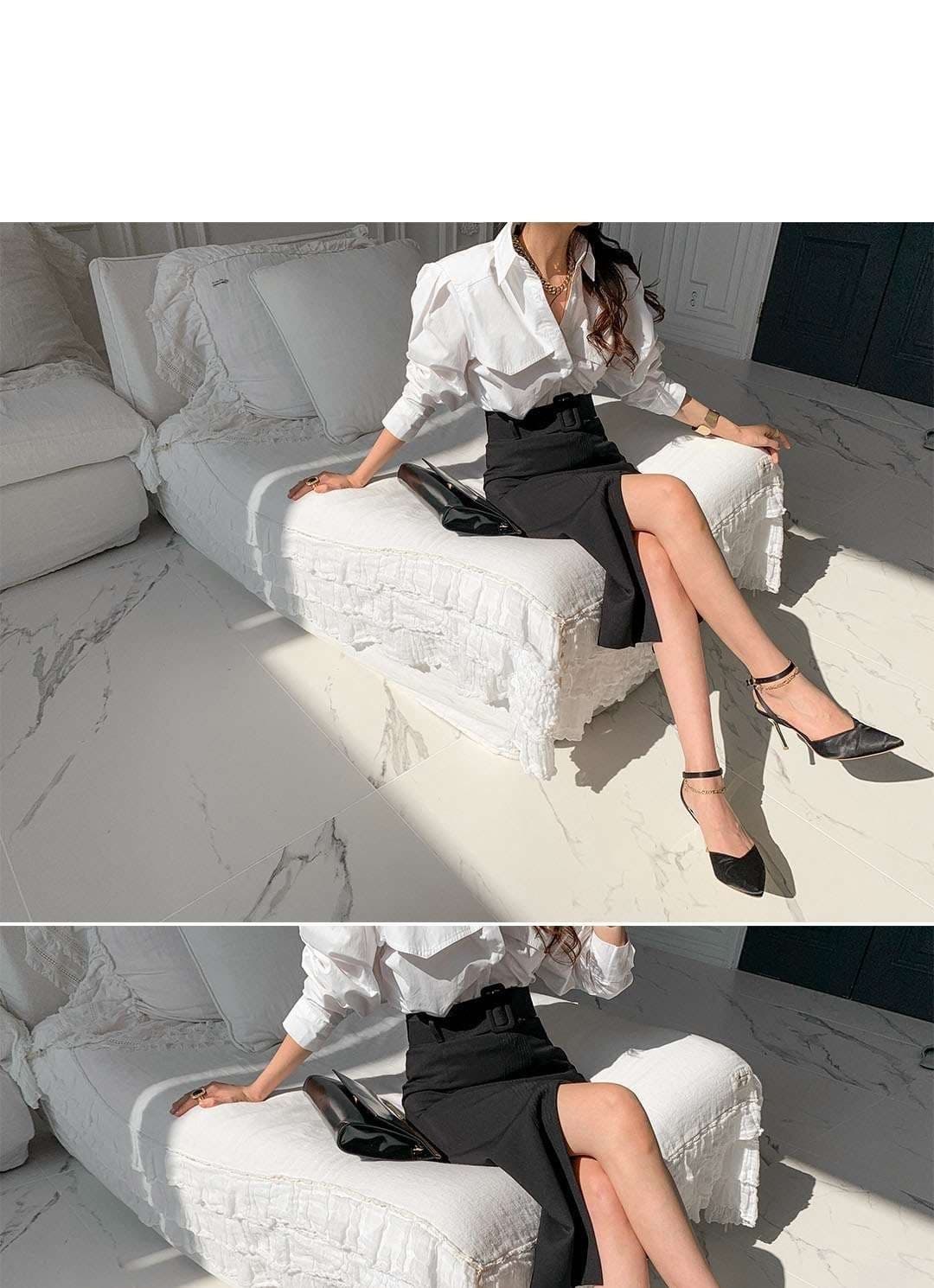 가을 의상 새로운 순면 작은 대중 기초 섹션 다용도 폴로 칼라 싱글 줄 버튼 루즈핏 단색 거품 소매 셔츠 상세 이미지 6