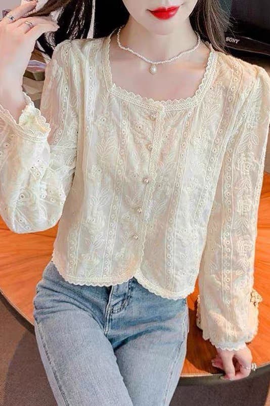 가을 의상 새로운 프랑스식 레트로 자수 광장 칼라 긴팔 쉬폰 여성 셔츠 디자인 센스 작은 대중 Chic 맨위 이미지 6