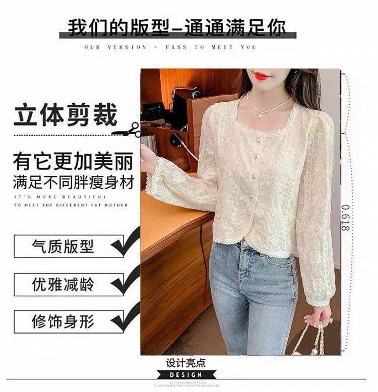 가을 의상 새로운 프랑스식 레트로 자수 광장 칼라 긴팔 쉬폰 여성 셔츠 디자인 센스 작은 대중 Chic 맨위 상세 이미지 3