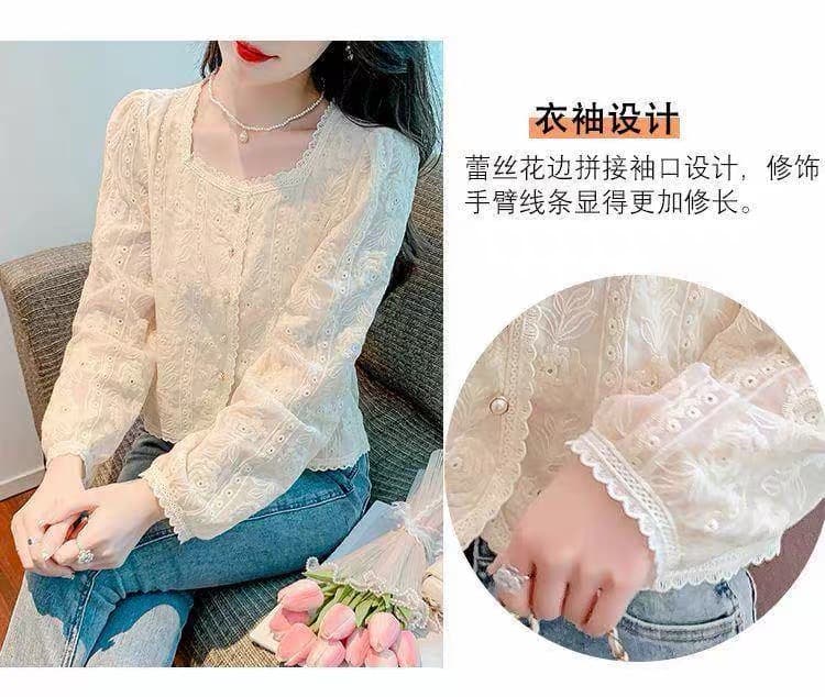가을 의상 새로운 프랑스식 레트로 자수 광장 칼라 긴팔 쉬폰 여성 셔츠 디자인 센스 작은 대중 Chic 맨위 상세 이미지 6