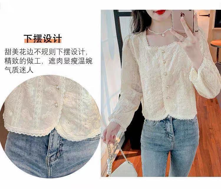 가을 의상 새로운 프랑스식 레트로 자수 광장 칼라 긴팔 쉬폰 여성 셔츠 디자인 센스 작은 대중 Chic 맨위 상세 이미지 7