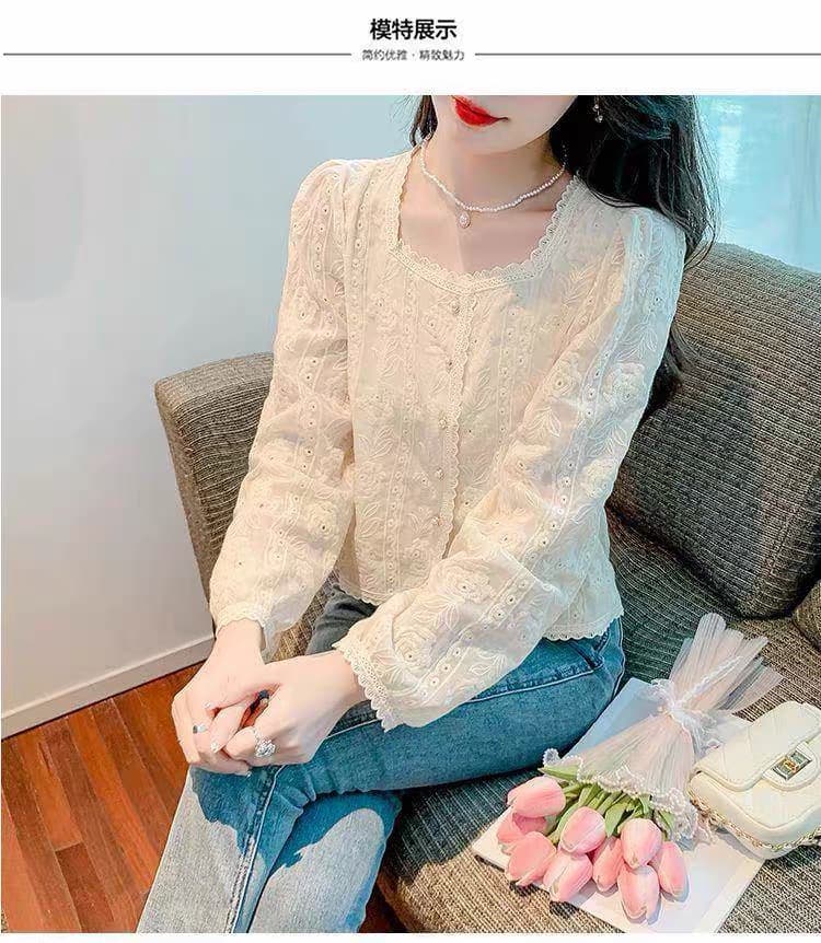 가을 의상 새로운 프랑스식 레트로 자수 광장 칼라 긴팔 쉬폰 여성 셔츠 디자인 센스 작은 대중 Chic 맨위 상세 이미지 9