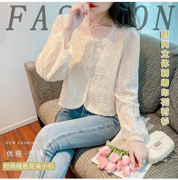 가을 의상 새로운 프랑스식 레트로 자수 광장 칼라 긴팔 쉬폰 여성 셔츠 디자인 센스 작은 대중 Chic 맨위 상세 이미지 12