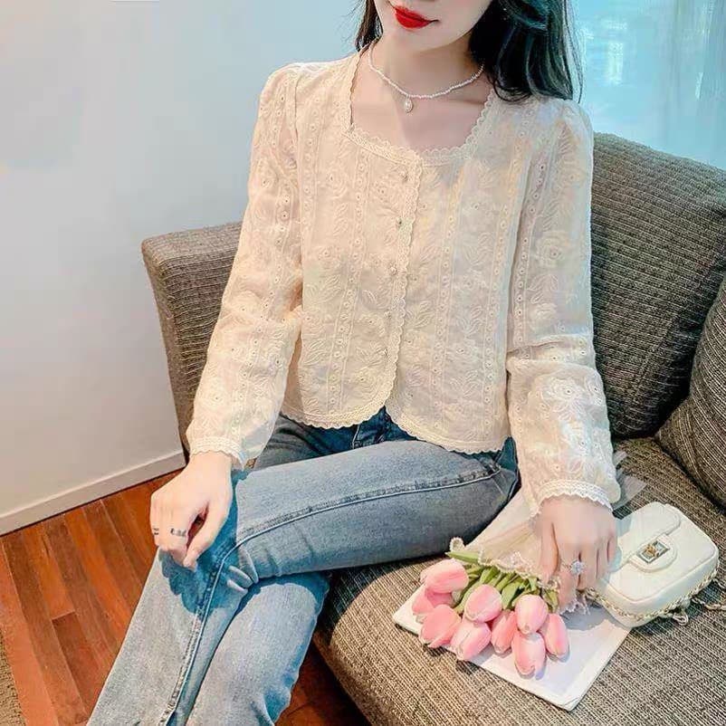 가을 의상 새로운 프랑스식 레트로 자수 광장 칼라 긴팔 쉬폰 여성 셔츠 디자인 센스 작은 대중 Chic 맨위 상세 이미지 13