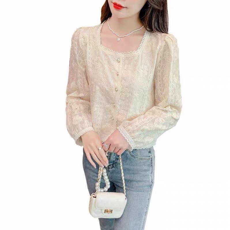 가을 의상 새로운 프랑스식 레트로 자수 광장 칼라 긴팔 쉬폰 여성 셔츠 디자인 센스 작은 대중 Chic 맨위 상세 이미지 16