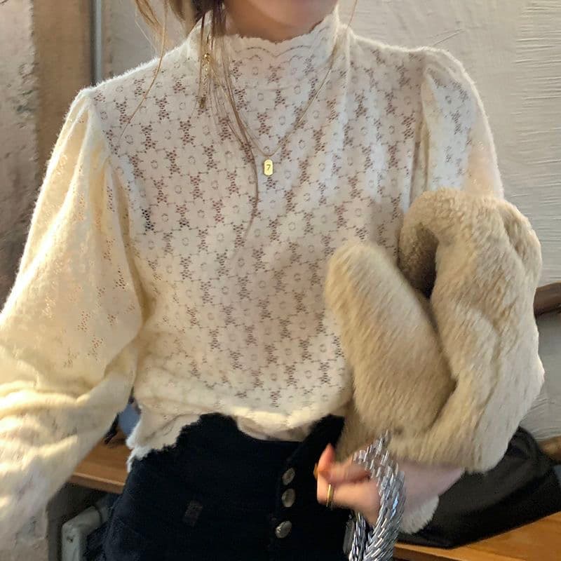 가을 의상 새로운 반하이넥 프랑스식 레이스 작은 셔츠 심장 기계 디자인 센스 외국 가스 기본 셔츠 맨위 상세 이미지 6