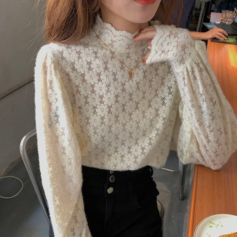 가을 의상 새로운 반하이넥 프랑스식 레이스 작은 셔츠 심장 기계 디자인 센스 외국 가스 기본 셔츠 맨위 상세 이미지 8
