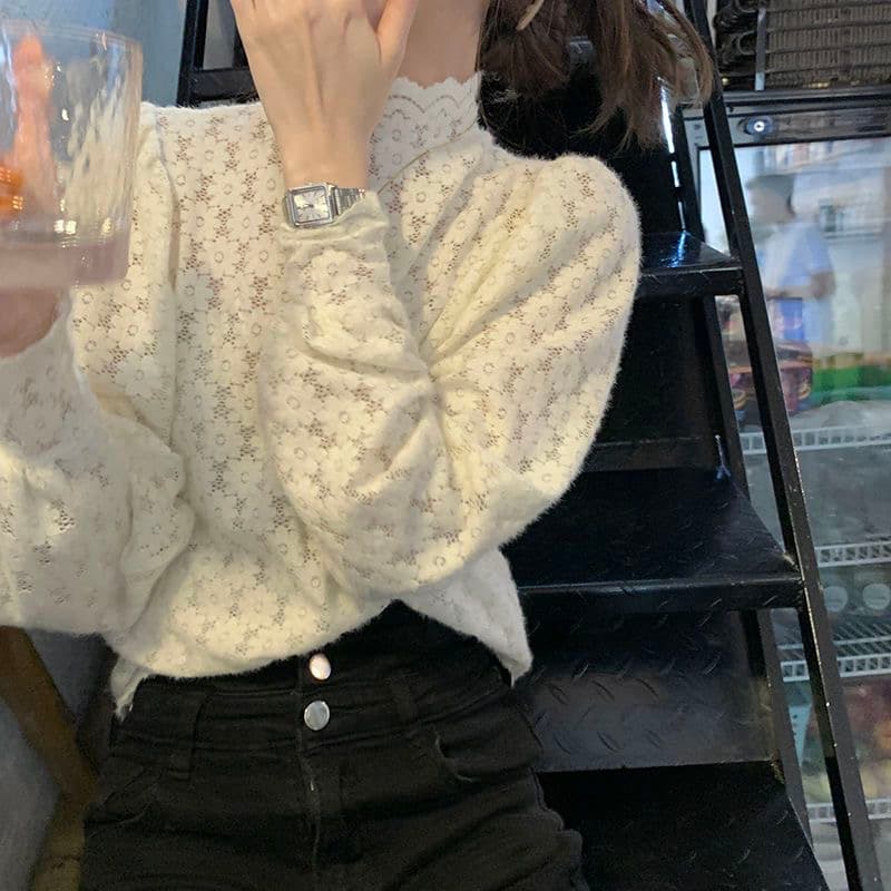 가을 의상 새로운 반하이넥 프랑스식 레이스 작은 셔츠 심장 기계 디자인 센스 외국 가스 기본 셔츠 맨위 상세 이미지 12