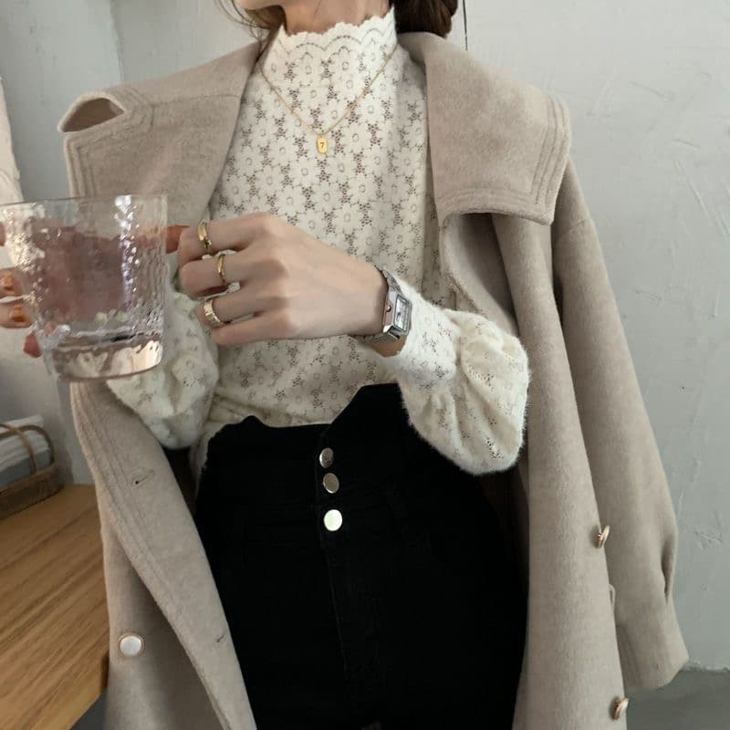 가을 의상 새로운 반하이넥 프랑스식 레이스 작은 셔츠 심장 기계 디자인 센스 외국 가스 기본 셔츠 맨위 상세 이미지 13