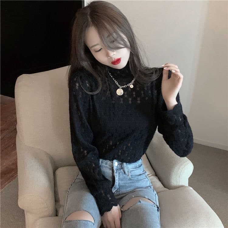 가을 의상 새로운 반하이넥 프랑스식 레이스 작은 셔츠 심장 기계 디자인 센스 외국 가스 기본 셔츠 맨위 상세 이미지 20