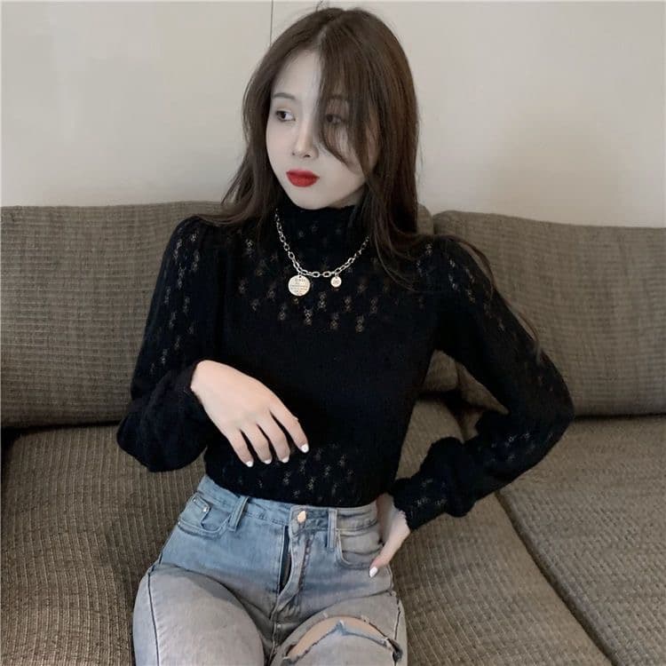 가을 의상 새로운 반하이넥 프랑스식 레이스 작은 셔츠 심장 기계 디자인 센스 외국 가스 기본 셔츠 맨위 상세 이미지 21