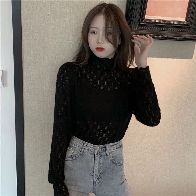 가을 의상 새로운 반하이넥 프랑스식 레이스 작은 셔츠 심장 기계 디자인 센스 외국 가스 기본 셔츠 맨위 상세 이미지 22