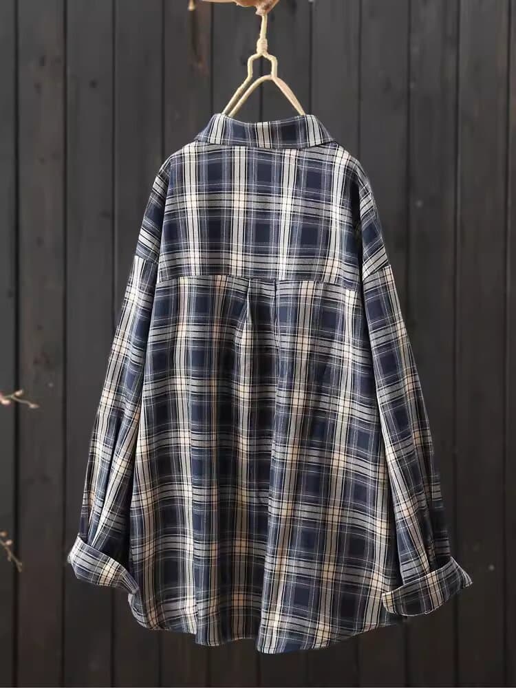 가을 의상 새로운 캐주얼 격자 무늬 셔츠 루즈핏 체크무늬 긴팔 셔츠 POLO 칼라 얇은 코트 맨위 여성 이미지 3