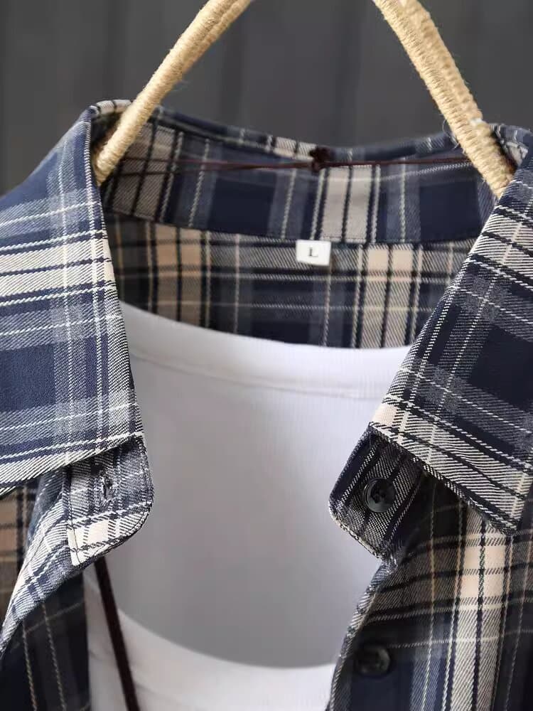 가을 의상 새로운 캐주얼 격자 무늬 셔츠 루즈핏 체크무늬 긴팔 셔츠 POLO 칼라 얇은 코트 맨위 여성 이미지 4